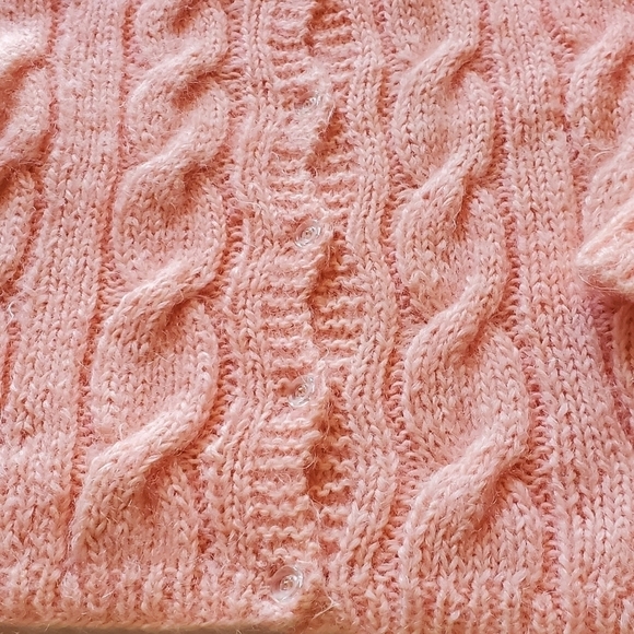 Vintage Handmade Cable Knit Light Pink Button-down Sz. L Sweater Cardigan - Picture 6 of 10